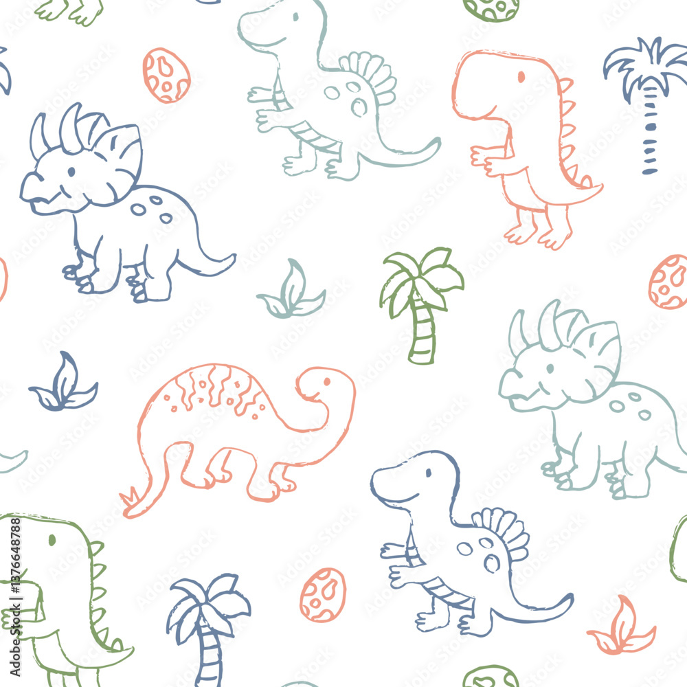 Obraz premium Dinosaurs seamless pattern. Colorful cartoons in sketch style. Doodle line art.