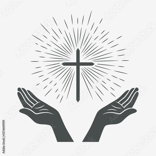 Black and White Open Hands with Cross and Divine Light, Symbol of Faith and Prayer. Design Template for Church Logo. Prayer, Religion Concept Monochrome Cut Out Silhouette Icon. Vector Illustration