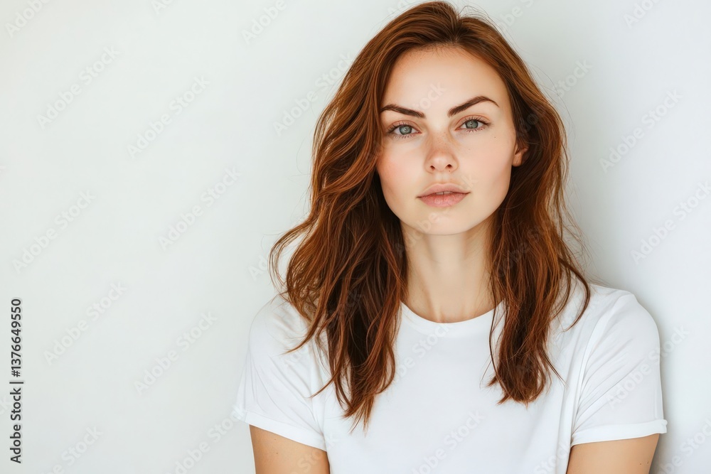 Portrait of a woman in a white t-shirt, isolated on white. High-resolution photo with focus on face and eyes, ideal for design templates or marketing materials. Portrait of a woman in a white t-shirt, isolated on white. High-resolution photo with focus on face and eyes, ideal for design templates or marketing materials.