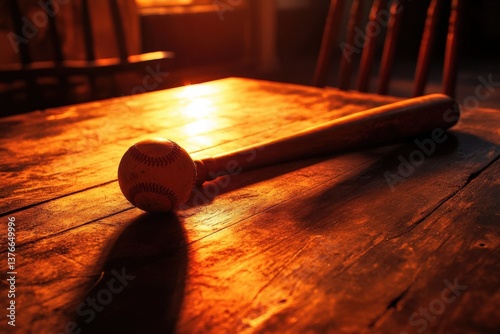 Vintage baseball bat and ball on a wooden table, featuring warm orange backlighting and a low-angle perspective for a cinematic effect. Perfect for sports nostalgia and retro themes. photo