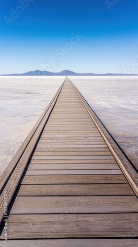 Endless Wooden Pier Leading to Distant Mountains over Vast Desert Plain