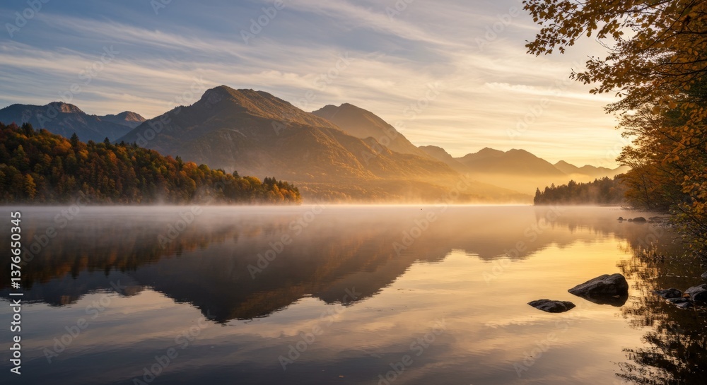 Fototapeta premium Serene Autumn Sunrise over Mountain Lake