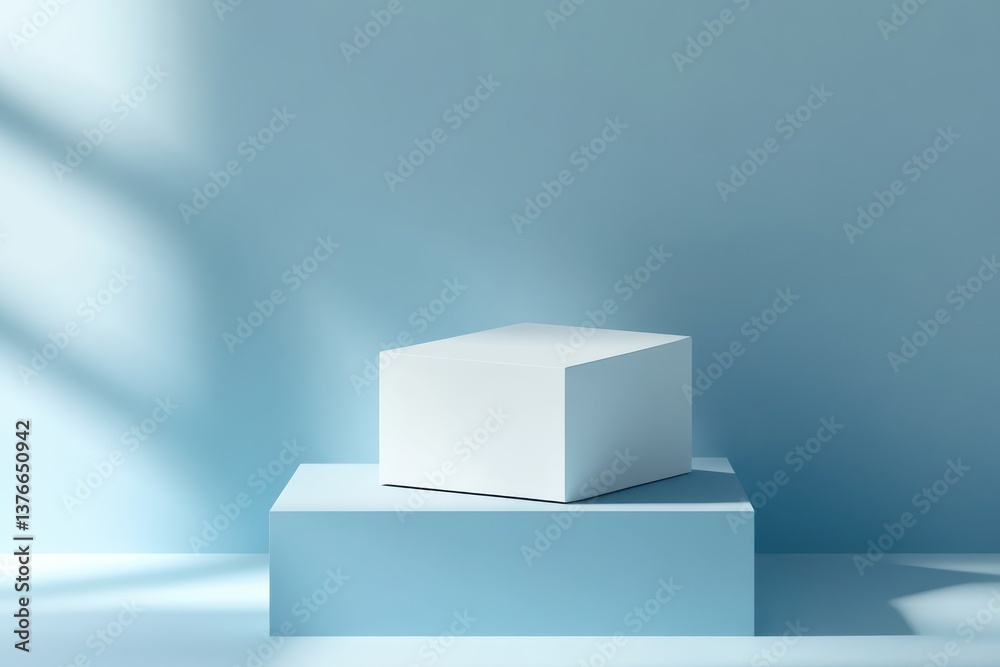 Minimalist presentation of a white box on a blue pedestal under soft sunlight in a contemporary space Minimalist presentation of a white box on a blue pedestal under soft sunlight in a contemporary space