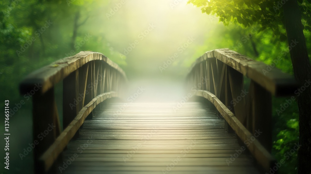 Obraz premium A misty wooden bridge leads into a serene forest, symbolizing peace and spiritual clarity. Ethereal landscapes and soft-focus details create a tranquil nature scene with ample copy space.