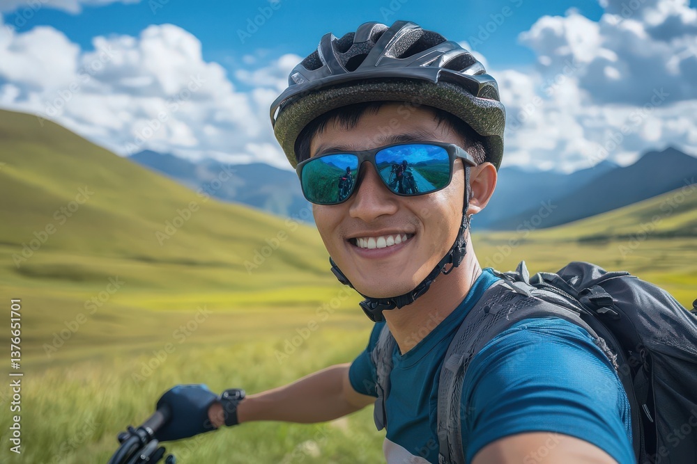 Smiling man in helmet and sunglasses on mountain bike, close-up. Active young cyclist with backpack in scenic mountainous landscape. Summer outdoor adventure concept. Smiling man in helmet and sunglasses on mountain bike, close-up. Active young cyclist with backpack in scenic mountainous landscape. Summer outdoor adventure concept.