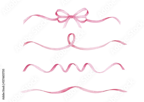 Pink decorative ribbons in different shapes and styles isolated on white background. Watercolor vector illustration. Design for greeting card, invitation, poster, banner, decoration.