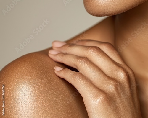 A close-up of a beautifully illuminated shoulder and hand, showcasing smooth, glowing skin with a natural, elegant pose.