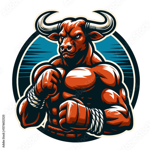 "Illustrazione vettoriale di un logo mascotte di un combattente di tori audace in stile adesivo, perfetto per branding, squadre sportive o merchandising con un design forte e dinamico."