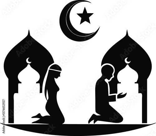 Islamic prayer silhouettes man and woman praying