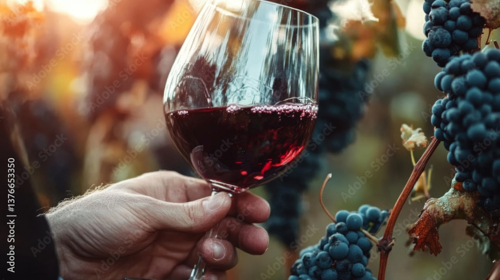 Fototapeta premium Indulge in a Sip of Elegance Enjoying Red Wine Surrounded by Picturesque Lush Vineyards in Natures Embrace