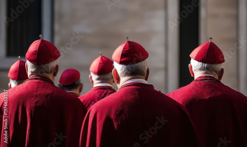 A group of cardinals in red mitres and burgundy robes, seen from behind at a papal conclave outside the Vatican Palace, with soft sunlight creating dramatic highlights and shadows.