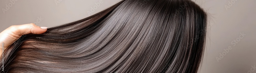 Fototapeta premium A close-up of shiny, straight hair being held by a hand, showcasing its smooth texture and healthy appearance against a neutral background.
