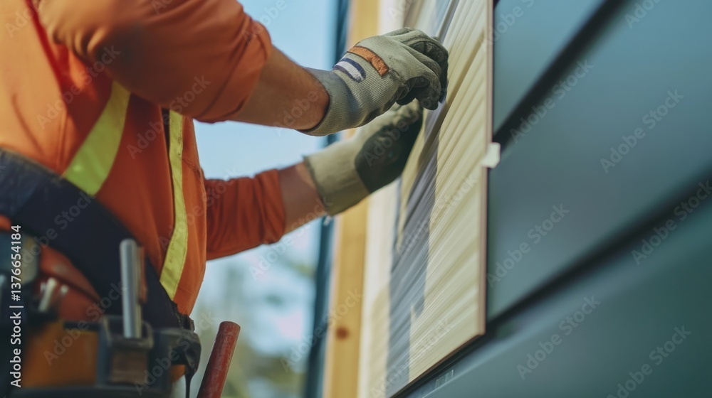A construction worker attaching siding to a building exterior. Featuring skill and craftsmanship A construction worker attaching siding to a building exterior. Featuring skill and craftsmanship