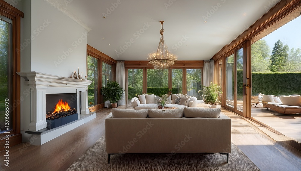 Fototapeta premium a beautiful house in which the fireplace in the living room gets a lot of attention beautiful living room in new traditional style luxury home