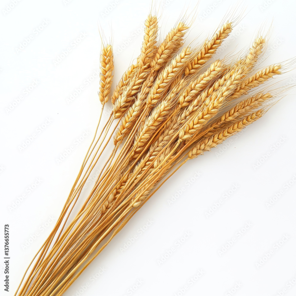 Fototapeta premium A close up shot of a bundle of dried wheat stalks arranged on a plain white surface in a studio setting