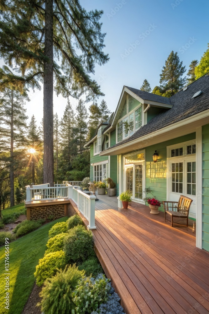 Obraz premium Beautiful Green House at Sunset With Scenic Forest View Generative AI