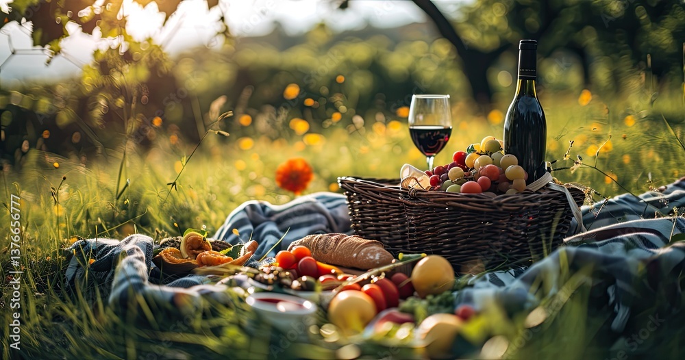 Fototapeta premium Picnic basket on grass with food and drink on blanket. Picnic lunch outdoor in a field on sunny day with bread,