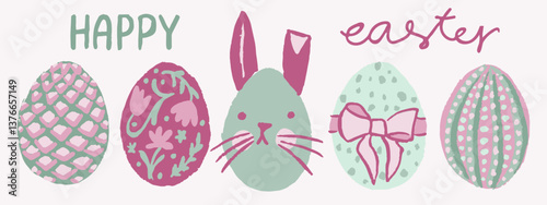Colourful collection of painted Easter eggs, pink and green palette