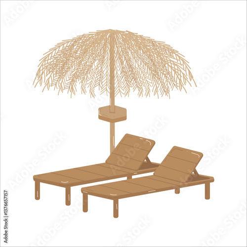 Beach chair chaise longue wooden chaise longue and umbrella made of straw and reed vector illustration isolated on a white background.