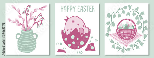 Easter cards in pink and green palette. Chick hatching from an egg, vase with pussy willow twigs, basket with eggs, bellflowers