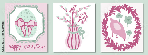 Set of three Easter cards in pink and green palette. Vase, pussy willow twigs, egg, ribbon bow, chick, flower, frame