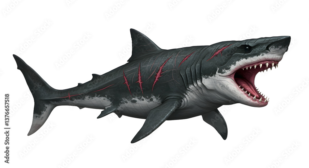 Fototapeta premium Swimming Shark with Open Mouth and Scars against White Background