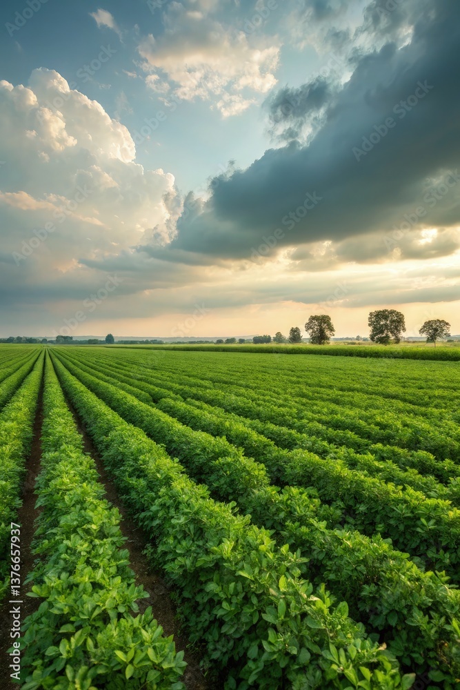 Green Fields Stretch Under a Cloudy Sky at Sunset Generative AI Green Fields Stretch Under a Cloudy Sky at Sunset Generative AI