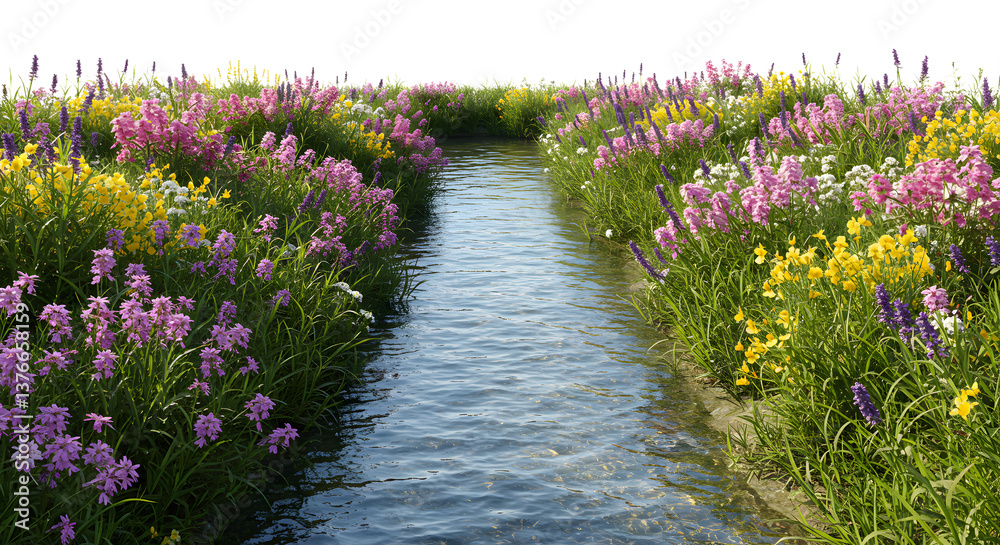 Obraz premium Stream Flowing Through Meadow with Colorful Wildflowers in Full Bloom