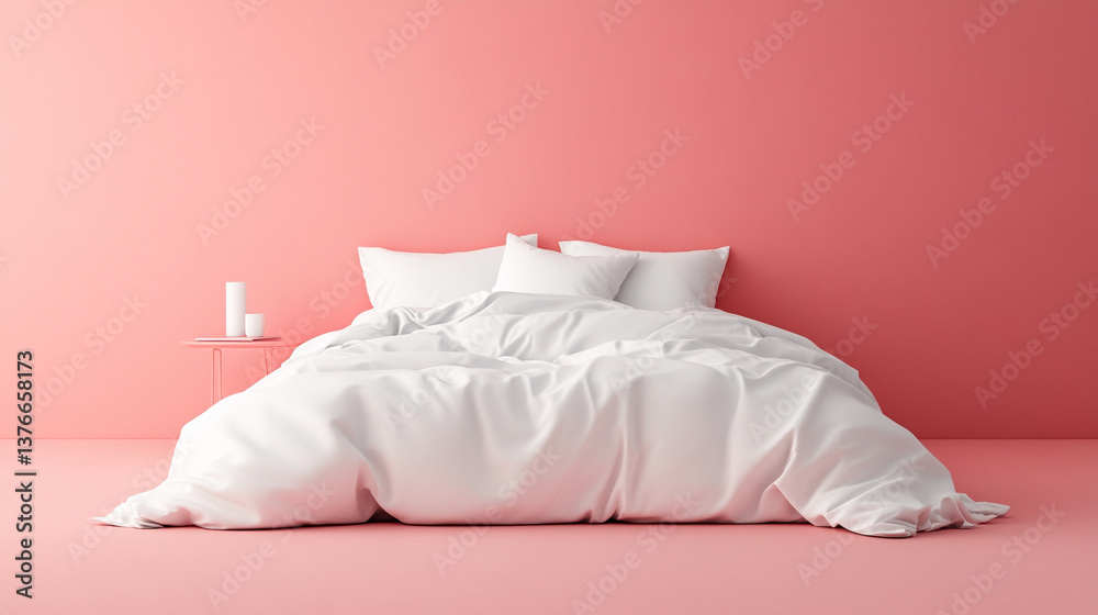 Obraz premium Modern bedroom setup with coral wall and white bedding