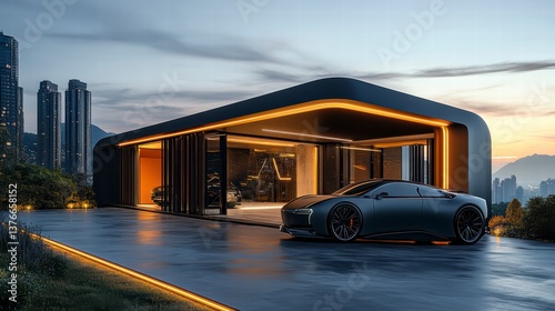 Modern Architecture: A sleek, modern building and luxury car on a beautifully landscaped property. The image showcases high-end living, design, and the integration of nature and technology.