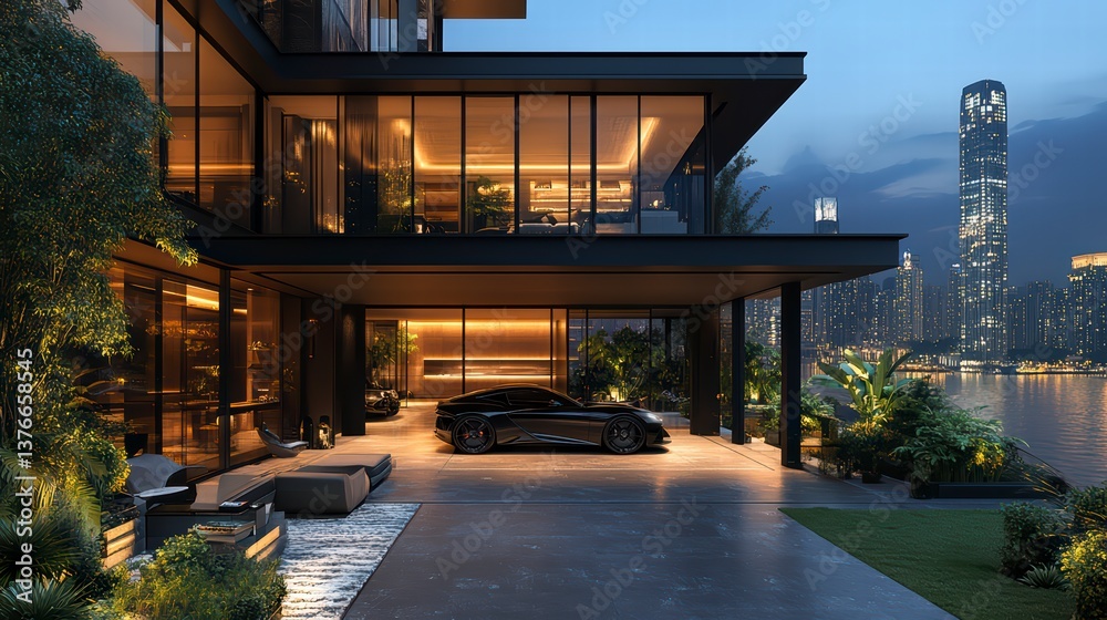 Fototapeta premium Modern Waterfront Mansion: A luxurious, modern waterfront mansion at twilight. The residence features expansive glass windows and outdoor spaces, overlooking the cityscape at night