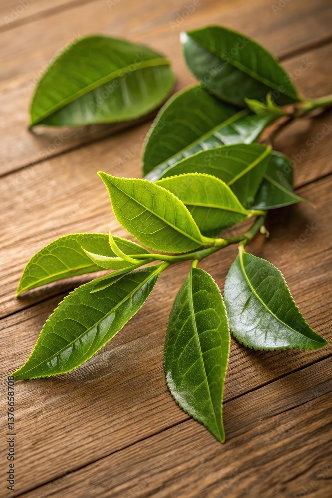 Fresh Green Tea Leaves on Wooden Surface Generative AI Fresh Green Tea Leaves on Wooden Surface Generative AI