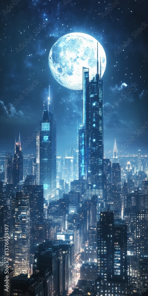 Obraz premium Midnight Metropolis: A captivating view of a modern cityscape under a starlit night sky, with the moon casting a soft glow over towering skyscrapers.