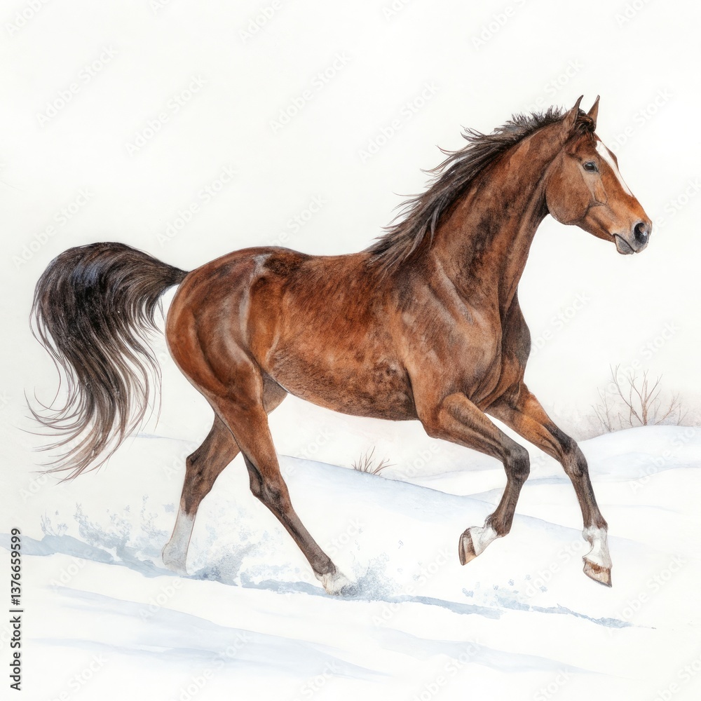 Obraz premium Brown Horse Runs Gracefully Through Snow in Winter Landscape Generative AI