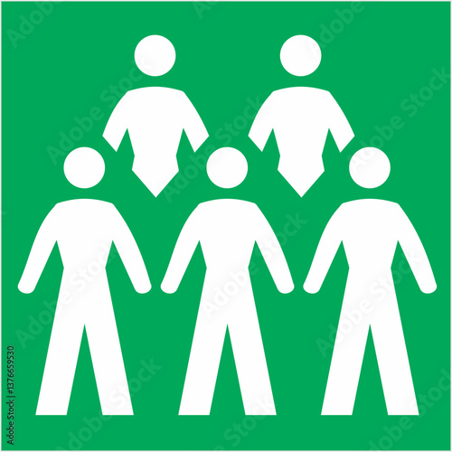 green emergency assembly point sign, five human figures, it indicates a designated safe area for people to gather in emergencies