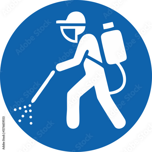 blue circular sign,  white figure wearing protective gear, using a sprayer with a backpack tank to apply chemicals or disinfectant