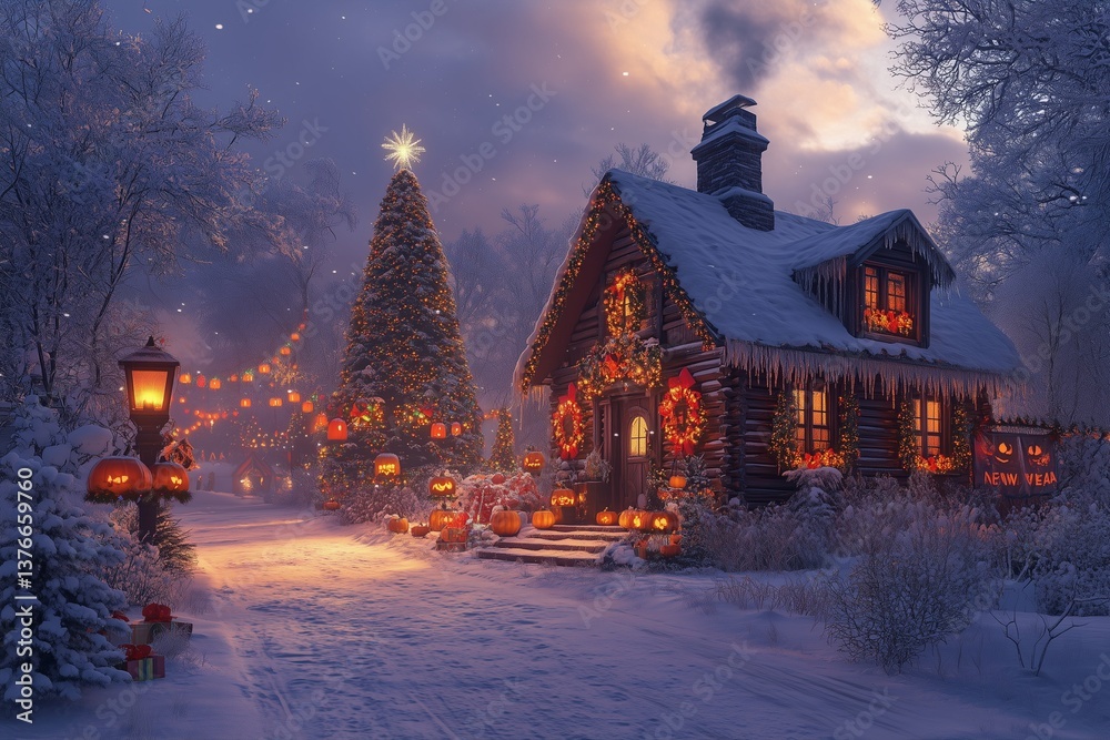 Fototapeta premium A winter cabin with Halloween lanterns, Christmas trees, and New Year banners in a picturesque setting
