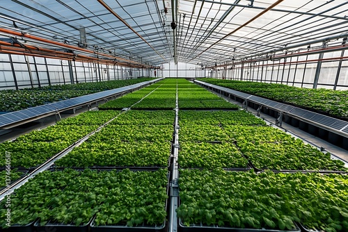 A high-tech greenhouse utilizing solar panels and automated systems for growing food in an efficient sustainable manner