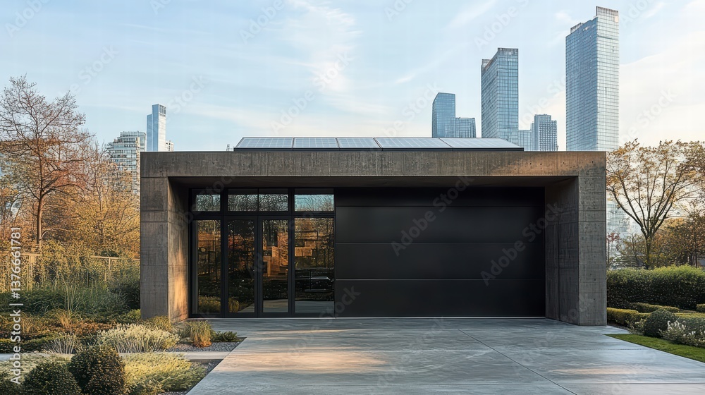 Fototapeta premium Modern Architecture: A sleek, contemporary building showcases a minimalist design with clean lines, expansive windows, and a blend of natural elements.