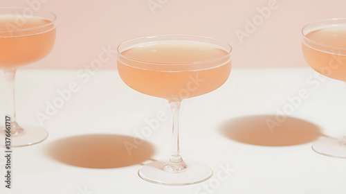 Elegant coupe glasses filled with a light pink beverage, set against a two-toned pastel background, radiating sophistication and a fresh aesthetic appeal.