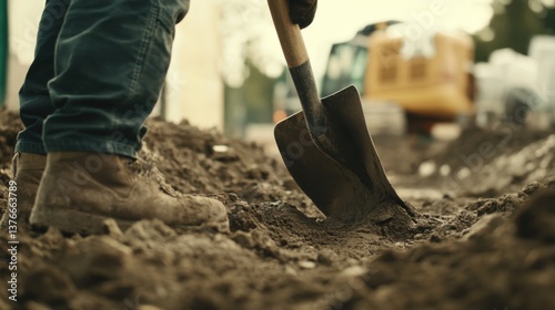 A construction worker digging a trench for utility installation. Featuring excavation and groundwork