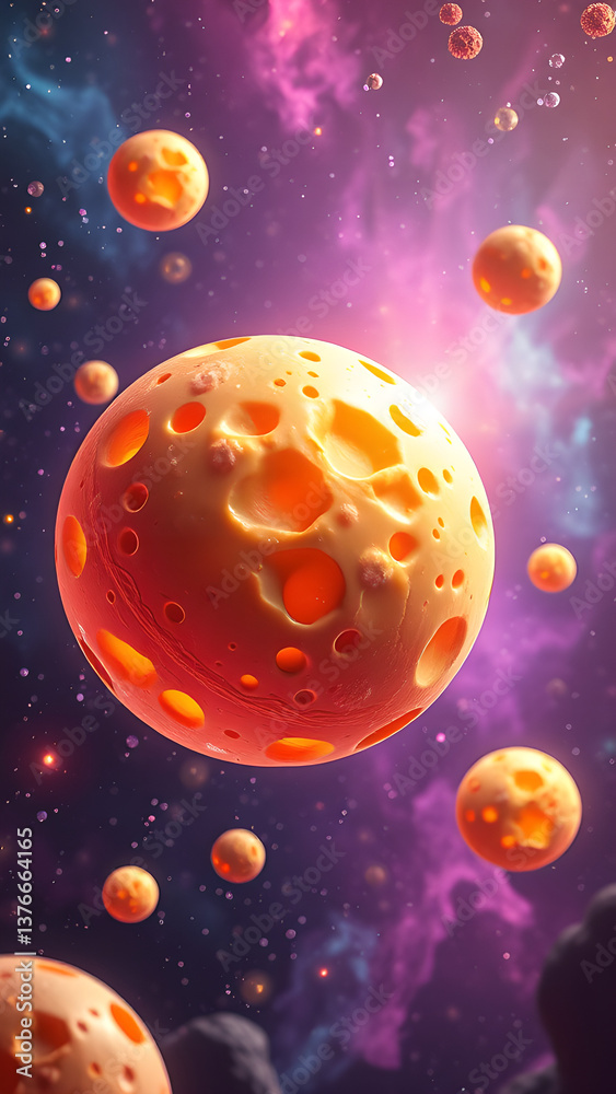 Floating Cheese Planets: Cosmic Surrealism, Vibrant Colors, Sci-Fi Fantasy Style, 8K Ultra-Sharp Focus Floating Cheese Planets: Cosmic Surrealism, Vibrant Colors, Sci-Fi Fantasy Style, 8K Ultra-Sharp Focus