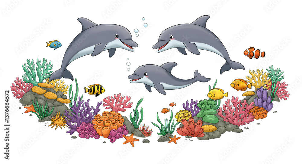 Obraz premium Dolphins Swimming in Coral Reef Cartoon Illustration for Children