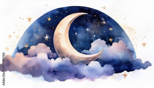 crescent moon surrounded by soft clouds painted in a watercolor style with a starry night sky in the background a dreamy and serene celestial illustration isolated on white background