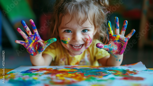 Happy child with colorful painted hands enthusiastically creating art at home. The toddler is thoroughly enjoying a fun and engaging activity. Image made using Generative AI.