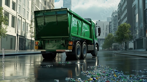 Wallpaper Mural Urban garbage truck collecting waste in rainy digital art for environmental awareness Torontodigital.ca