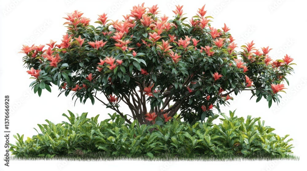 Fototapeta premium Red Robin Shrub with Green Bushes Isolated on White Background