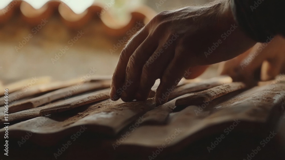 A construction worker fastening a roof tile in place. Featuring craftsmanship and focus A construction worker fastening a roof tile in place. Featuring craftsmanship and focus