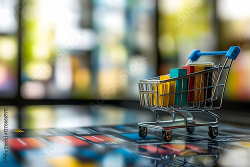 A shopping cart with colorful blocks on a keyboard