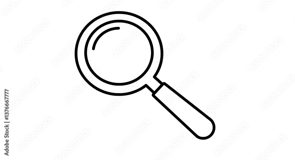 Magnifying Glass: An illustration of a classic magnifying glass, a symbol of discovery, investigation, and scrutiny, rendered in a minimalist line art style. Magnifying Glass: An illustration of a classic magnifying glass, a symbol of discovery, investigation, and scrutiny, rendered in a minimalist line art style.